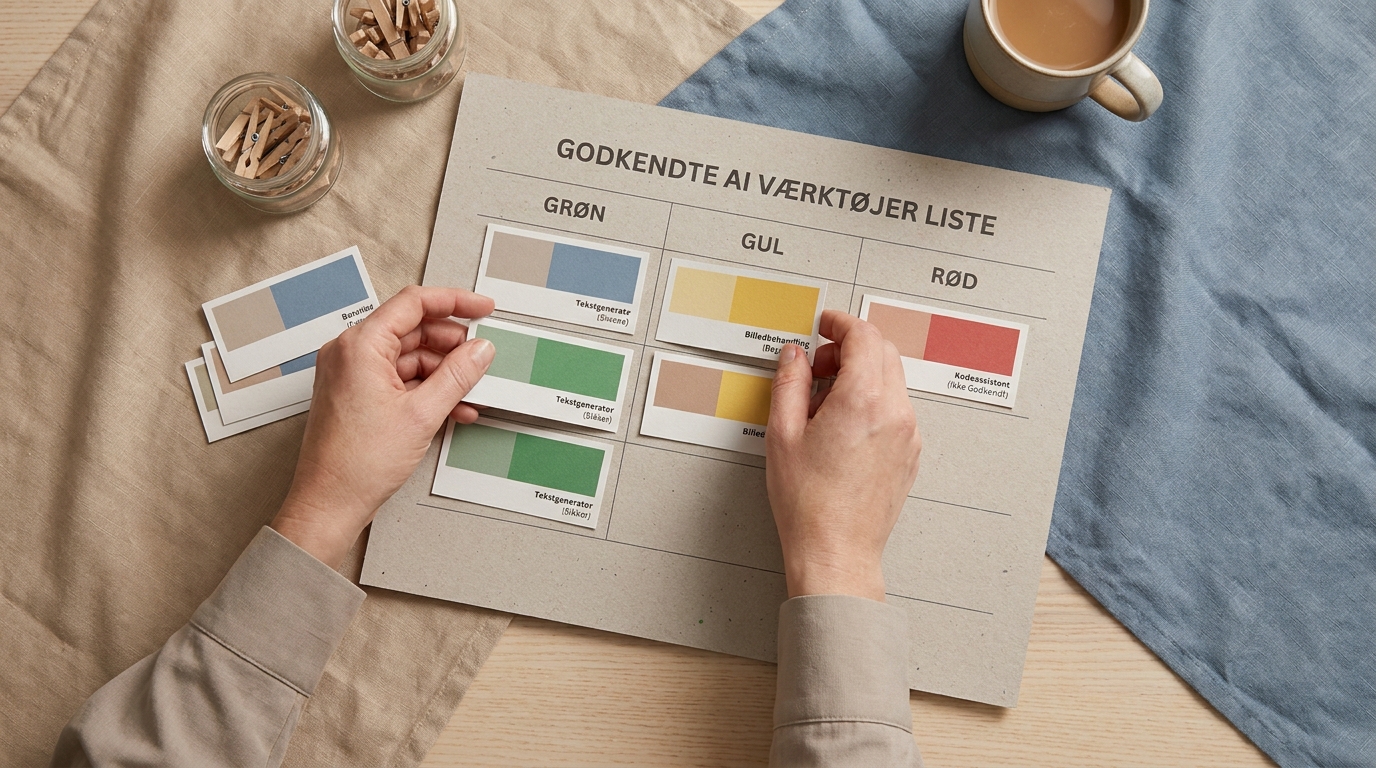 Værktøjslisten i jeres AI-politik: grøn, gul og rød med grænsen ved datatypen Hænder udfylder en skabelon for godkendte AI værktøjer liste med grøn, gul, rød guide.